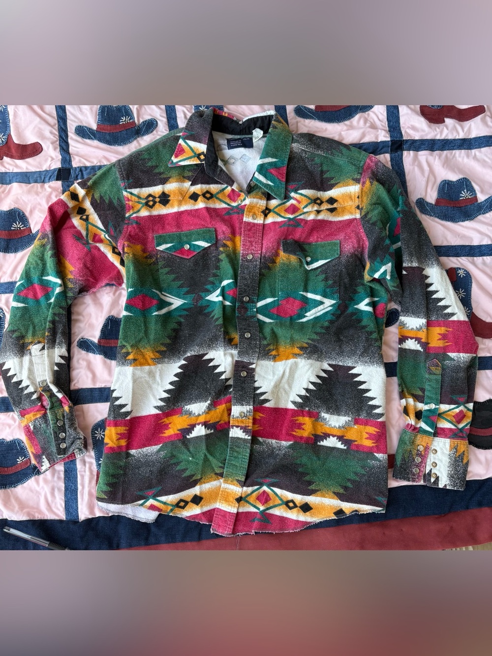 Wrangler Aztec-Print Button-Down Shirt in Green, Red, Yellow, Black